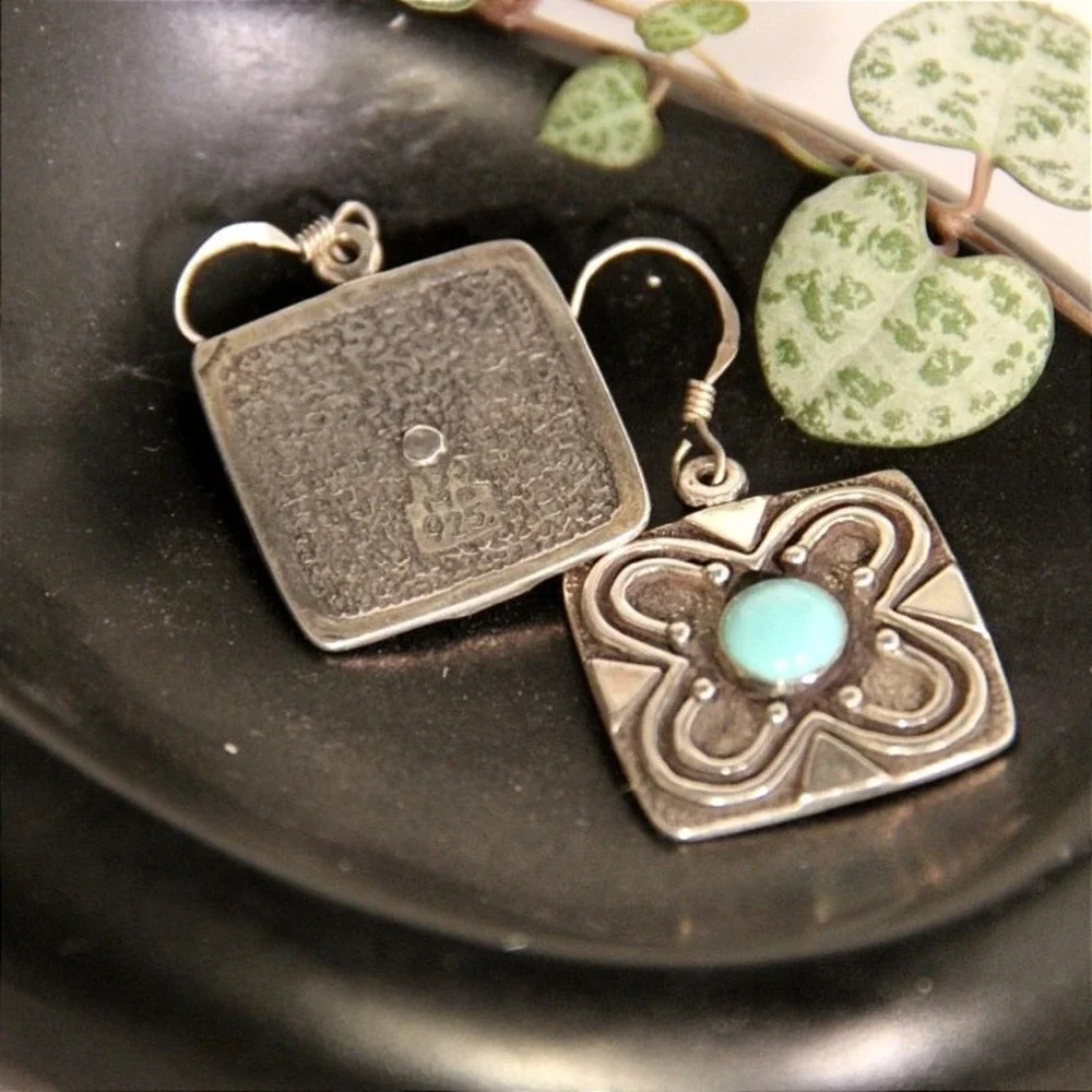 Vintage Sterling Silver 925 Turquoise Square Floral Drop Earrings French Hook - Picture 1 of 7